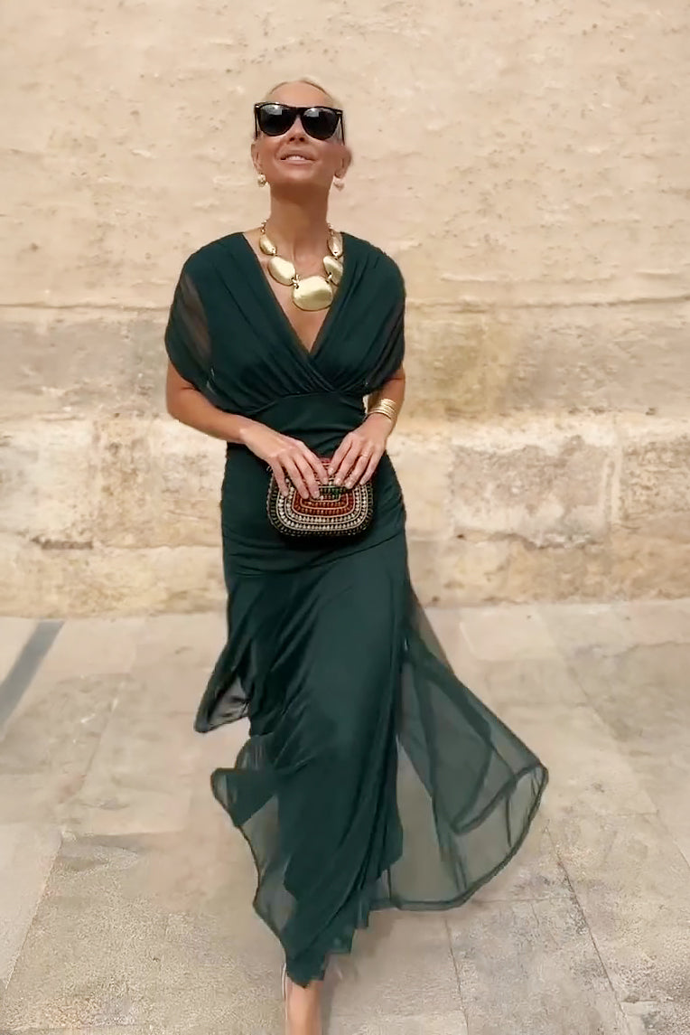 Gradient Pleated Maxi Dress - Women's V-Neck Dress