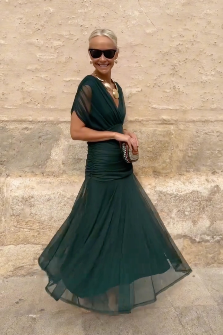 Gradient Pleated Maxi Dress - Women's V-Neck Dress