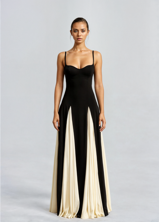 Women's Maxi Cocktail Dress - Two-Tone Strappy Dress