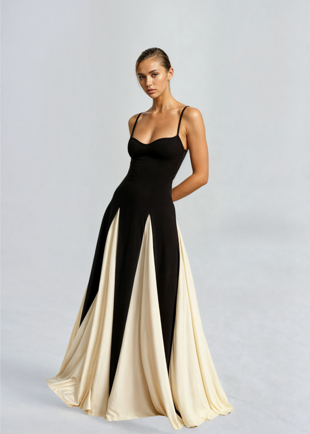 Women's Maxi Cocktail Dress - Two-Tone Strappy Dress