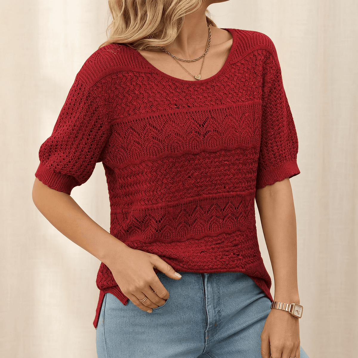 Wovelle - Women's Openwork Textured Knit Top