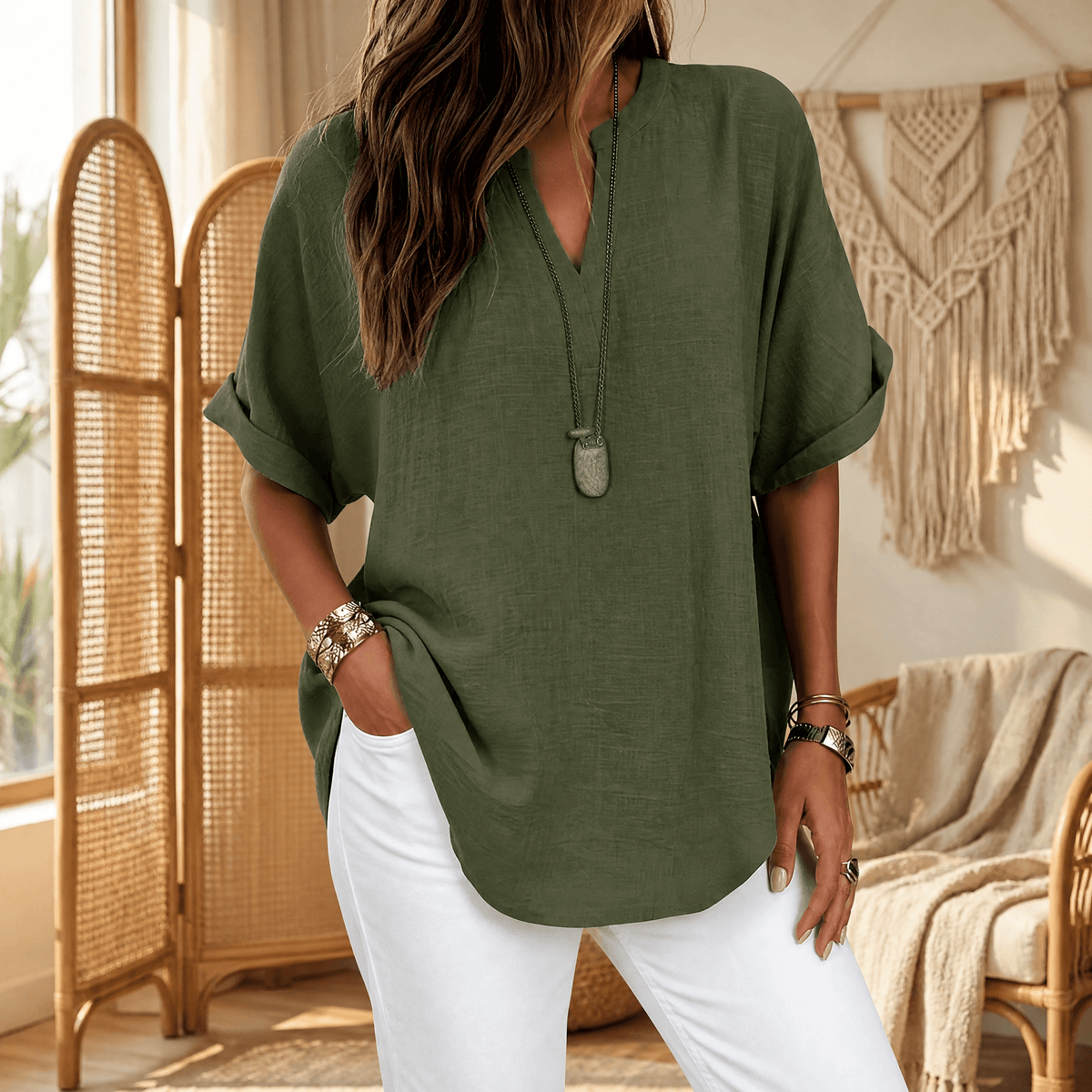 Wovena - Women's V-Neck Blouse with Curved Hem