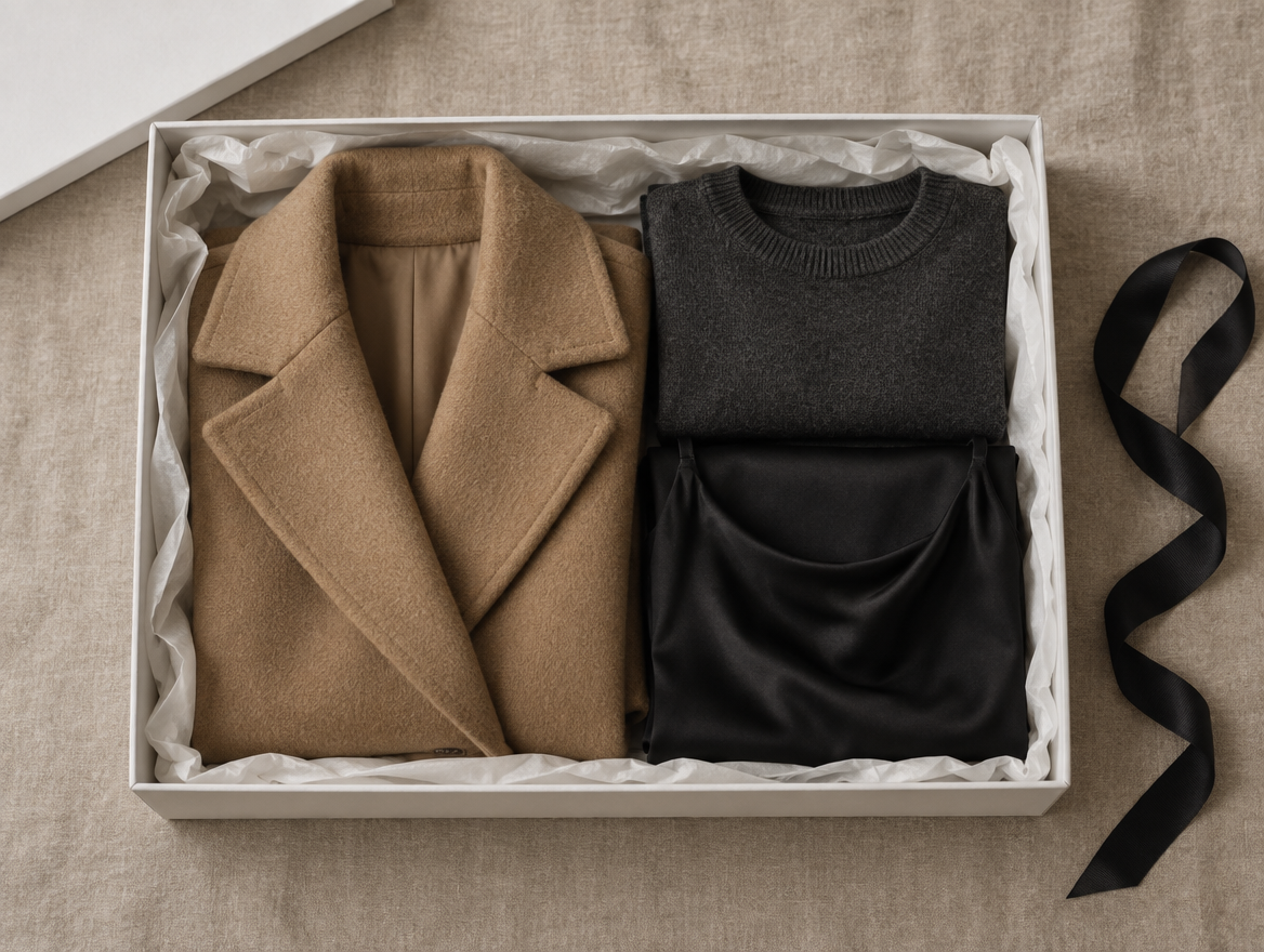 Folded coat, knit jumper and dress in a white gift box