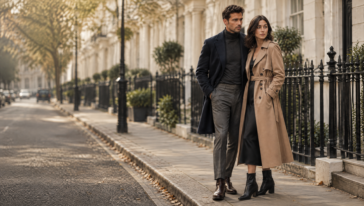 Couple in a navy overcoat and camel trench coat on a London street