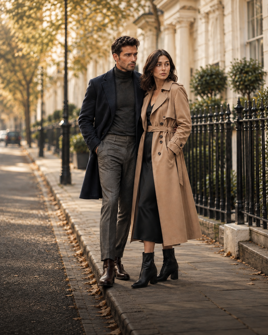 Couple in a navy overcoat and camel trench coat on a London street